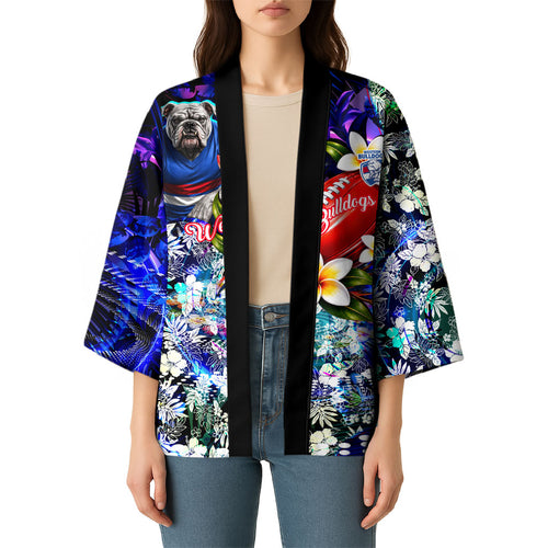 Personalized Western Bulldogs Football Kimono Tropical Hibiscus Flowers - Pacific Fusion Style