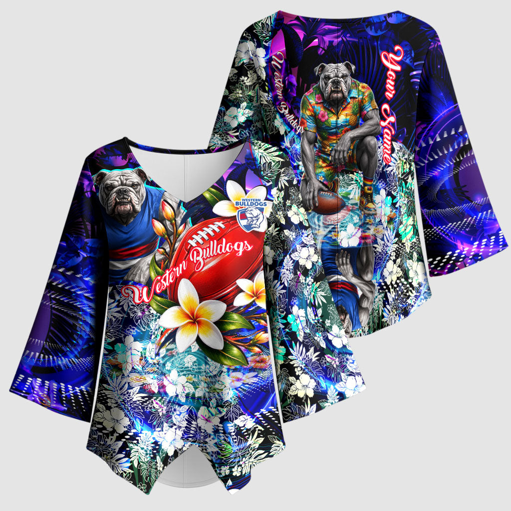 Personalized Western Bulldogs Football Kimono Sleeve Blouse Tropical Hibiscus Flowers - Pacific Fusion Style
