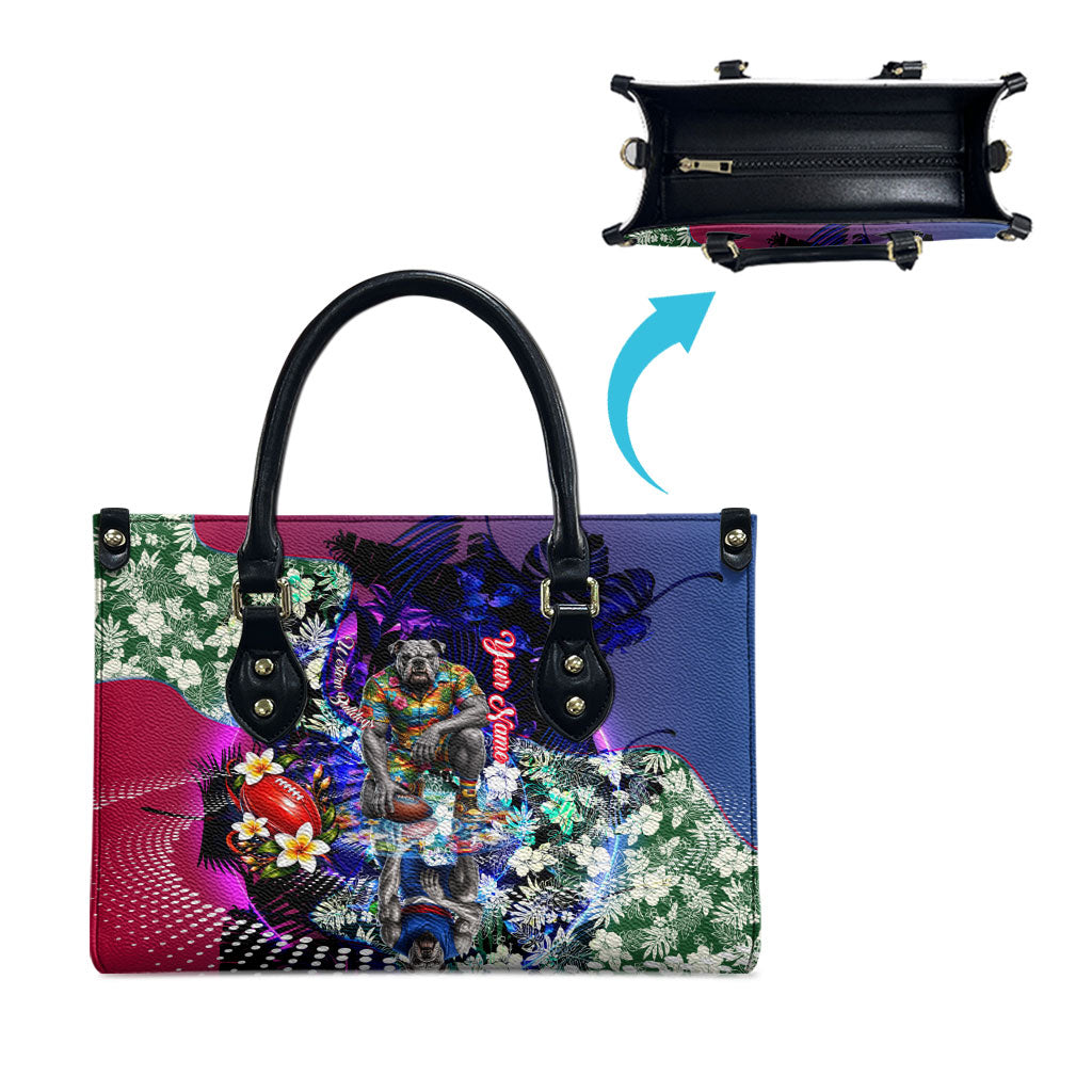Personalized Western Bulldogs Football Leather Bag Tropical Hibiscus Flowers - Pacific Fusion Style