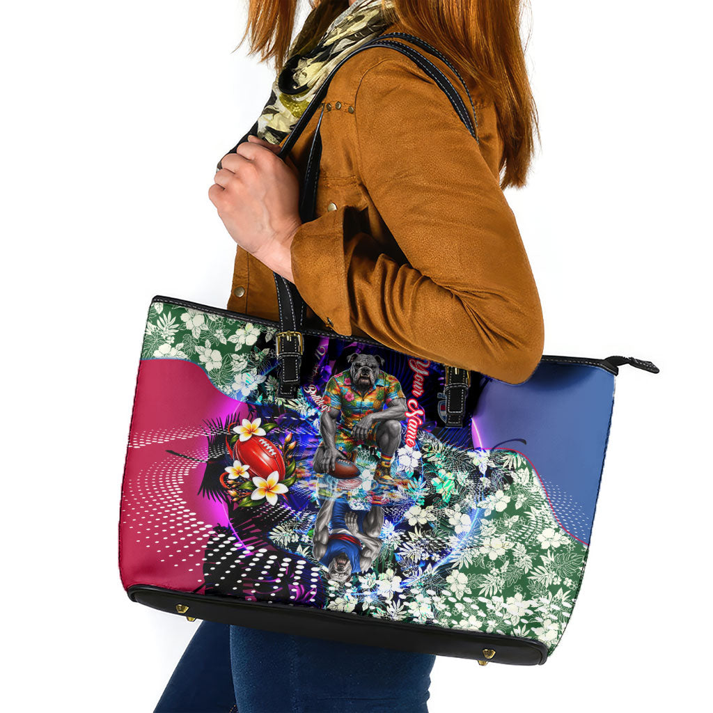 Personalized Western Bulldogs Football Leather Tote Bag Tropical Hibiscus Flowers - Pacific Fusion Style