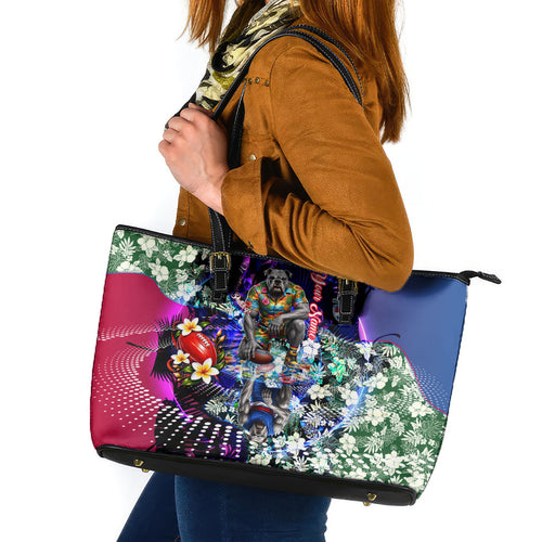 Personalized Western Bulldogs Football Leather Tote Bag Tropical Hibiscus Flowers - Pacific Fusion Style