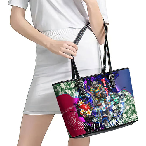 Personalized Western Bulldogs Football Leather Tote Bag Tropical Hibiscus Flowers - Pacific Fusion Style
