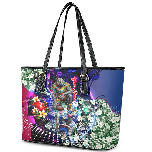 Personalized Western Bulldogs Football Leather Tote Bag Tropical Hibiscus Flowers - Pacific Fusion Style