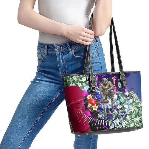 Personalized Western Bulldogs Football Leather Tote Bag Tropical Hibiscus Flowers - Pacific Fusion Style