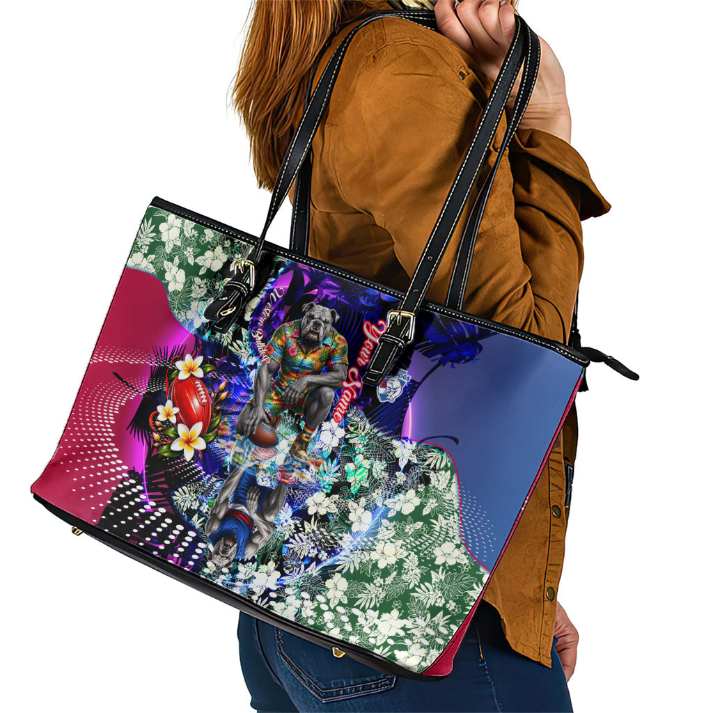 Personalized Western Bulldogs Football Leather Tote Bag Tropical Hibiscus Flowers - Pacific Fusion Style