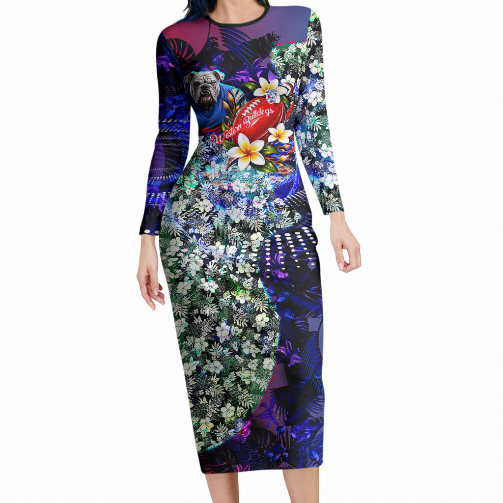Personalized Western Bulldogs Football Long Sleeve Bodycon Dress Tropical Hibiscus Flowers - Pacific Fusion Style