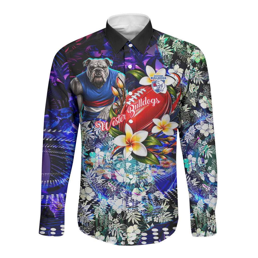Personalized Western Bulldogs Football Long Sleeve Button Shirt Tropical Hibiscus Flowers - Pacific Fusion Style
