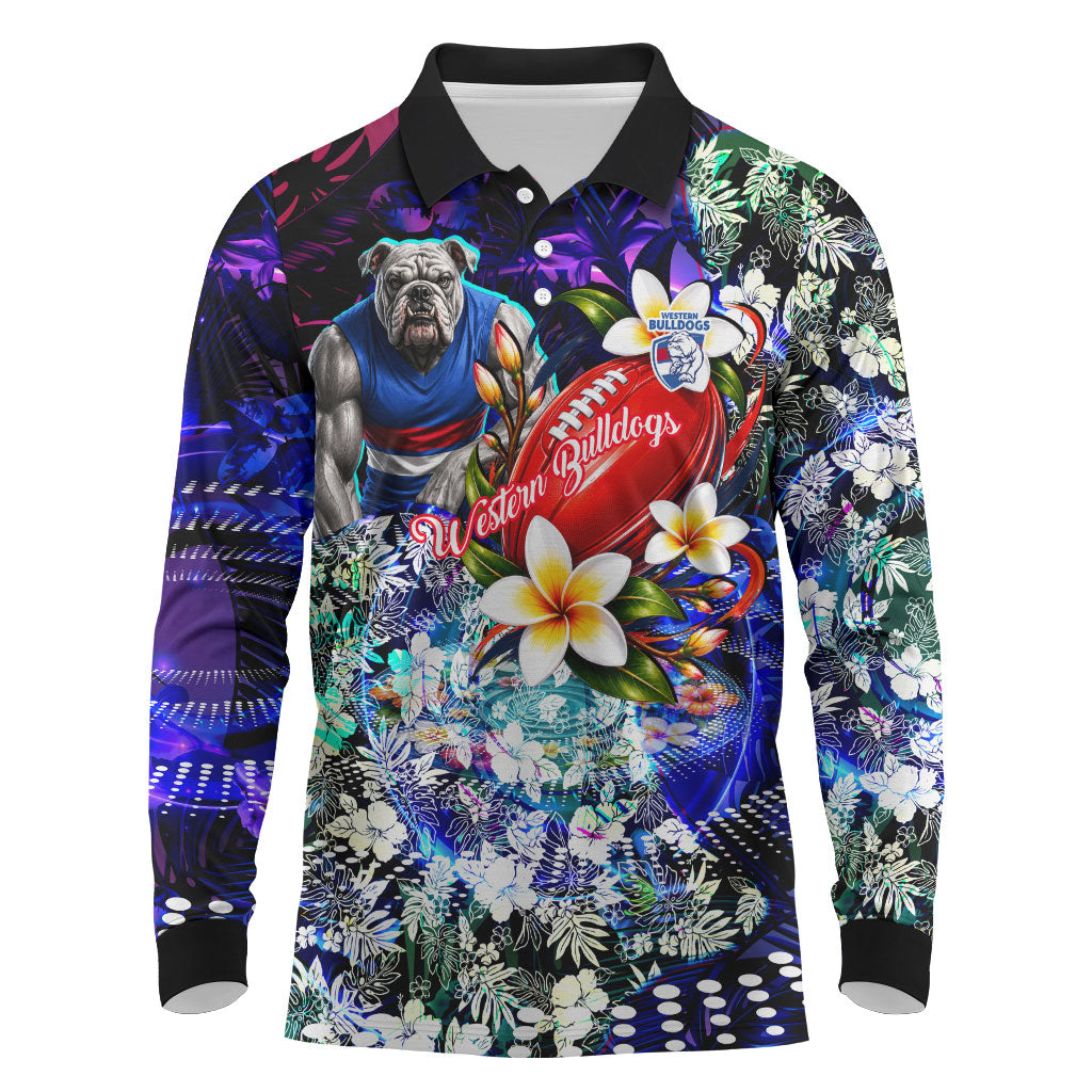 Personalized Western Bulldogs Football Long Sleeve Polo Shirt Tropical Hibiscus Flowers - Pacific Fusion Style