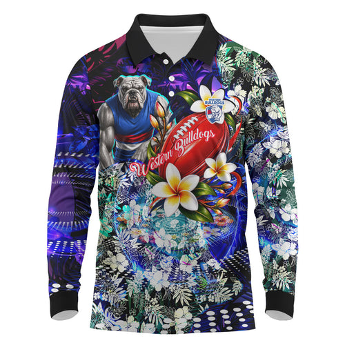 Personalized Western Bulldogs Football Long Sleeve Polo Shirt Tropical Hibiscus Flowers - Pacific Fusion Style