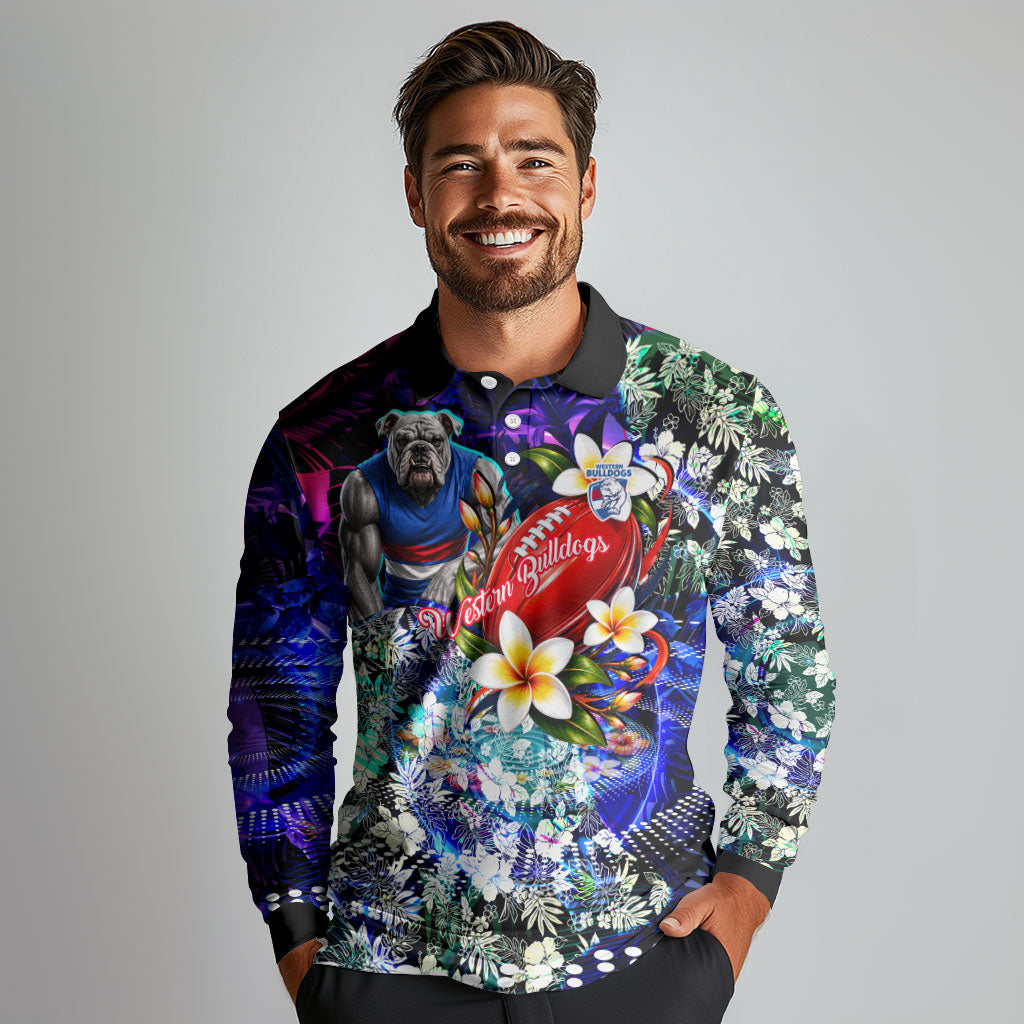 Personalized Western Bulldogs Football Long Sleeve Polo Shirt Tropical Hibiscus Flowers - Pacific Fusion Style