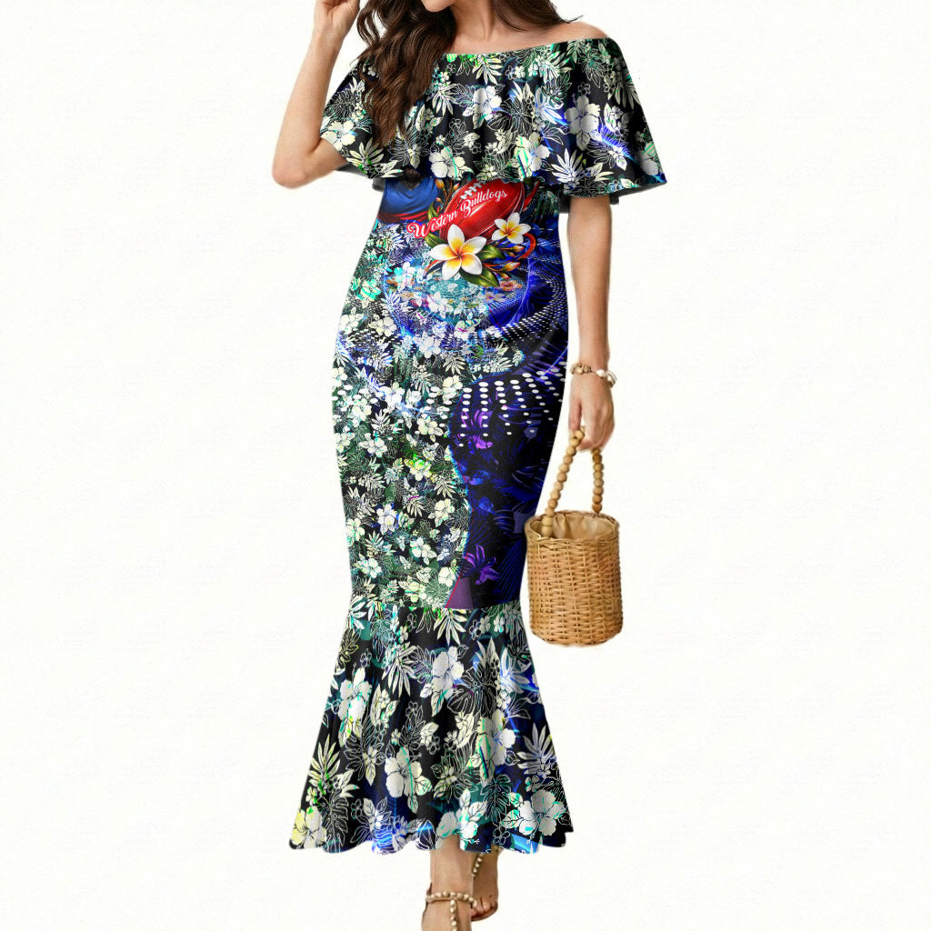 Personalized Western Bulldogs Football Mermaid Dress Tropical Hibiscus Flowers - Pacific Fusion Style