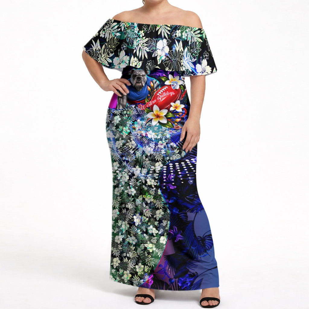 Personalized Western Bulldogs Football Off Shoulder Maxi Dress Tropical Hibiscus Flowers - Pacific Fusion Style