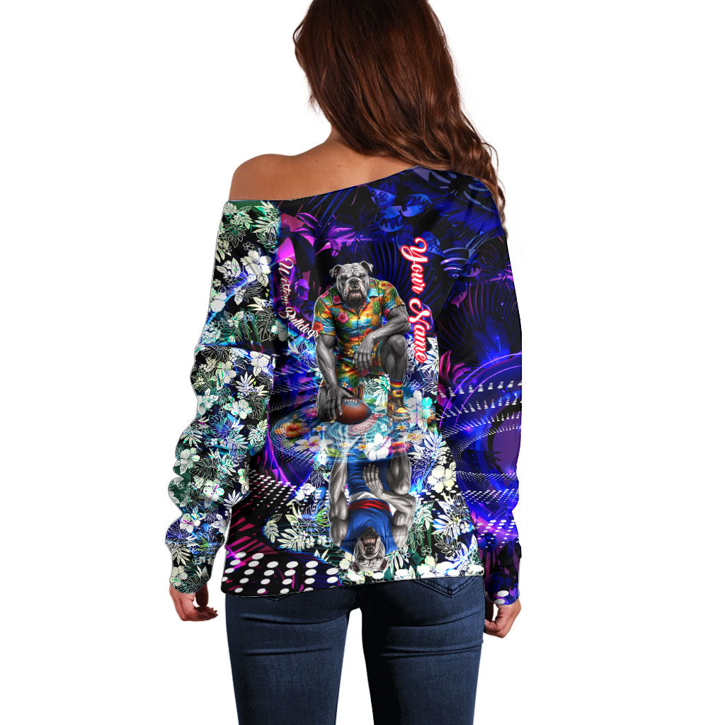 Personalized Western Bulldogs Football Off Shoulder Sweater Tropical Hibiscus Flowers - Pacific Fusion Style