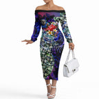 Personalized Western Bulldogs Football Off The Shoulder Long Sleeve Dress Tropical Hibiscus Flowers - Pacific Fusion Style