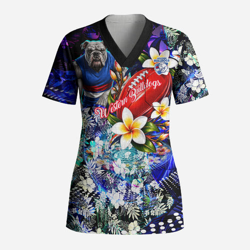Personalized Western Bulldogs Football Scrub Top Tropical Hibiscus Flowers - Pacific Fusion Style