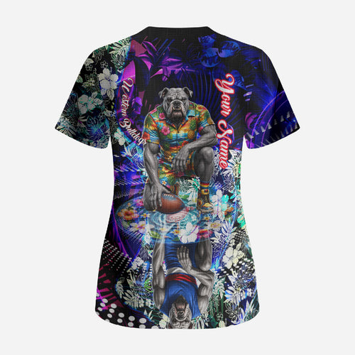 Personalized Western Bulldogs Football Scrub Top Tropical Hibiscus Flowers - Pacific Fusion Style