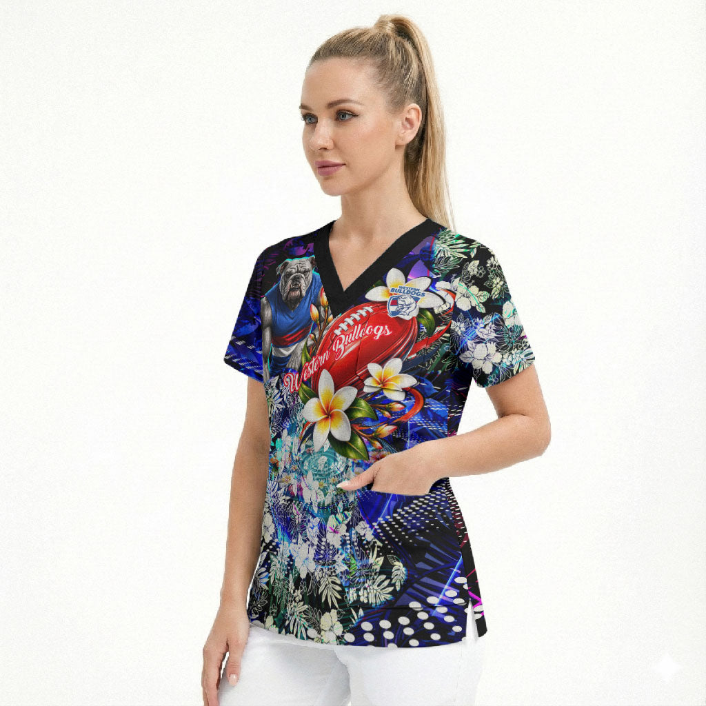 Personalized Western Bulldogs Football Scrub Top Tropical Hibiscus Flowers - Pacific Fusion Style