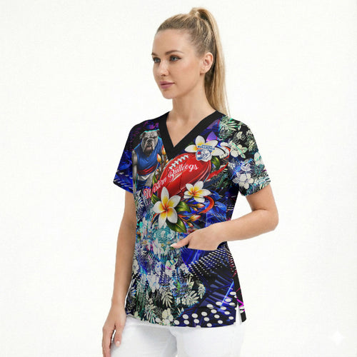 Personalized Western Bulldogs Football Scrub Top Tropical Hibiscus Flowers - Pacific Fusion Style
