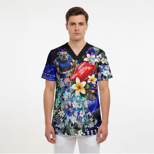 Personalized Western Bulldogs Football Scrub Top Tropical Hibiscus Flowers - Pacific Fusion Style