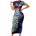 Personalized Western Bulldogs Football Short Sleeve Bodycon Dress Tropical Hibiscus Flowers - Pacific Fusion Style