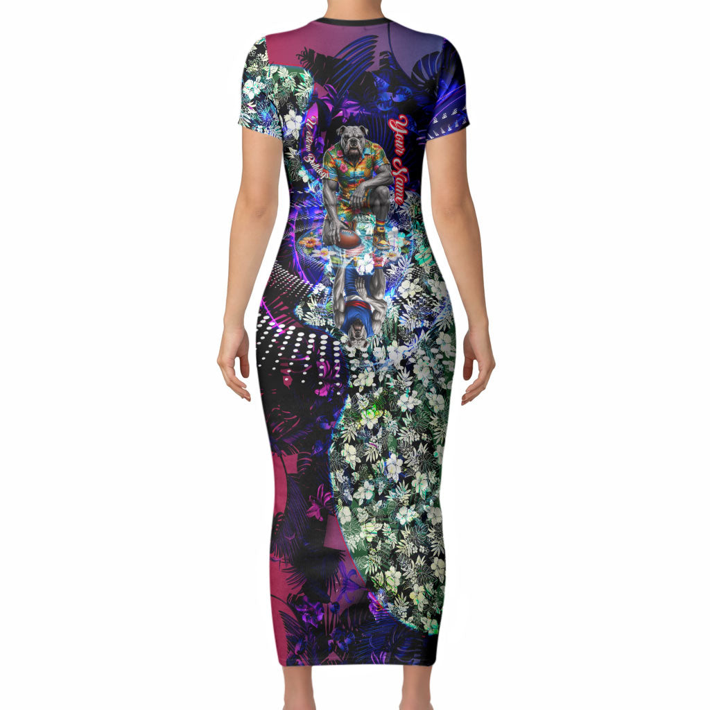 Personalized Western Bulldogs Football Short Sleeve Bodycon Dress Tropical Hibiscus Flowers - Pacific Fusion Style