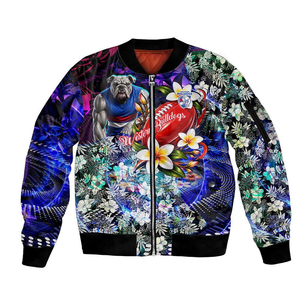 Personalized Western Bulldogs Football Sleeve Zip Bomber Jacket Tropical Hibiscus Flowers - Pacific Fusion Style