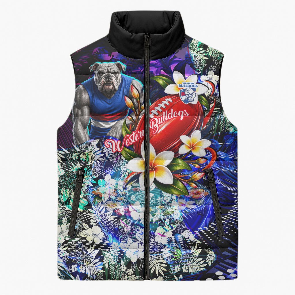 Personalized Western Bulldogs Football Sleeveless Puffer Jacket Tropical Hibiscus Flowers - Pacific Fusion Style