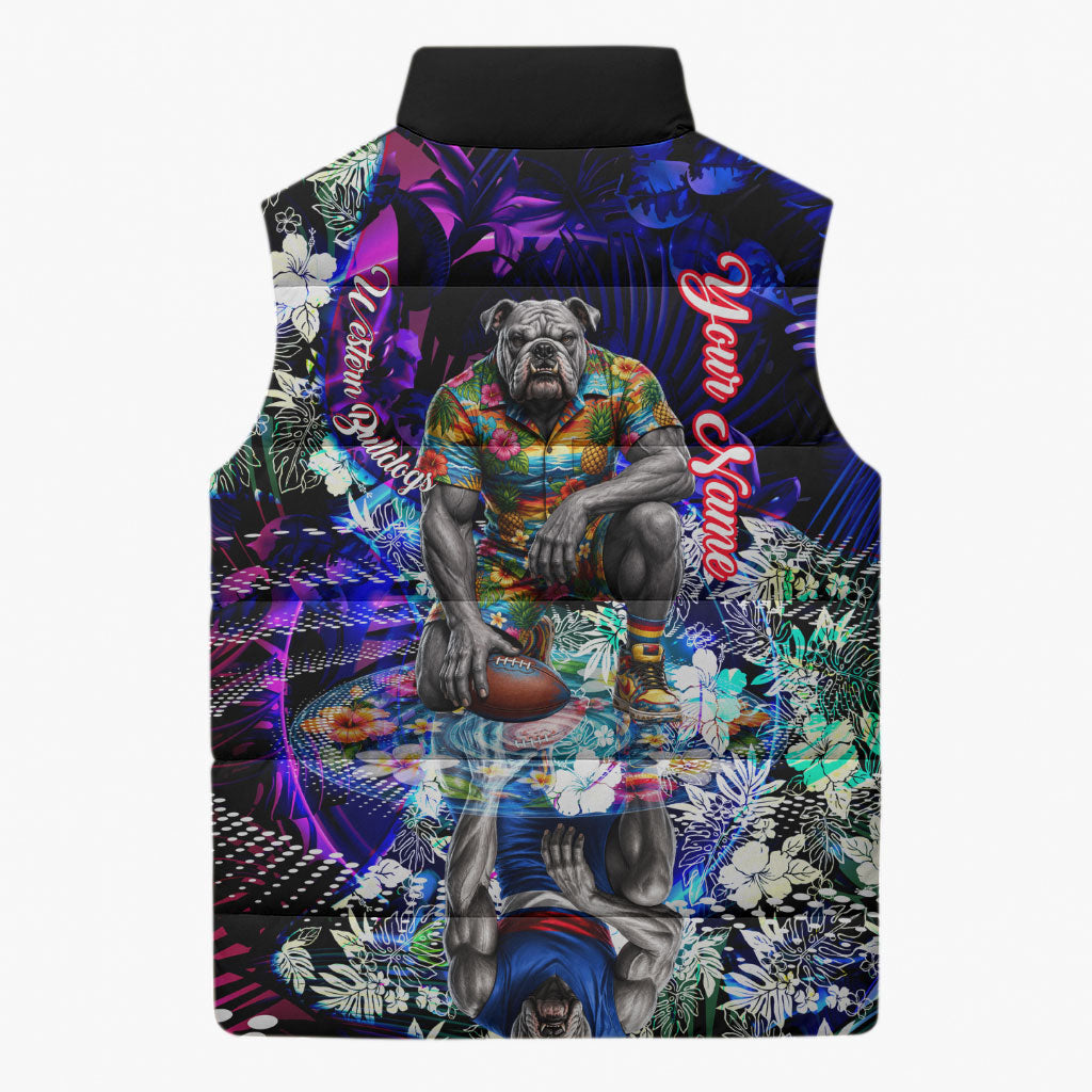 Personalized Western Bulldogs Football Sleeveless Puffer Jacket Tropical Hibiscus Flowers - Pacific Fusion Style