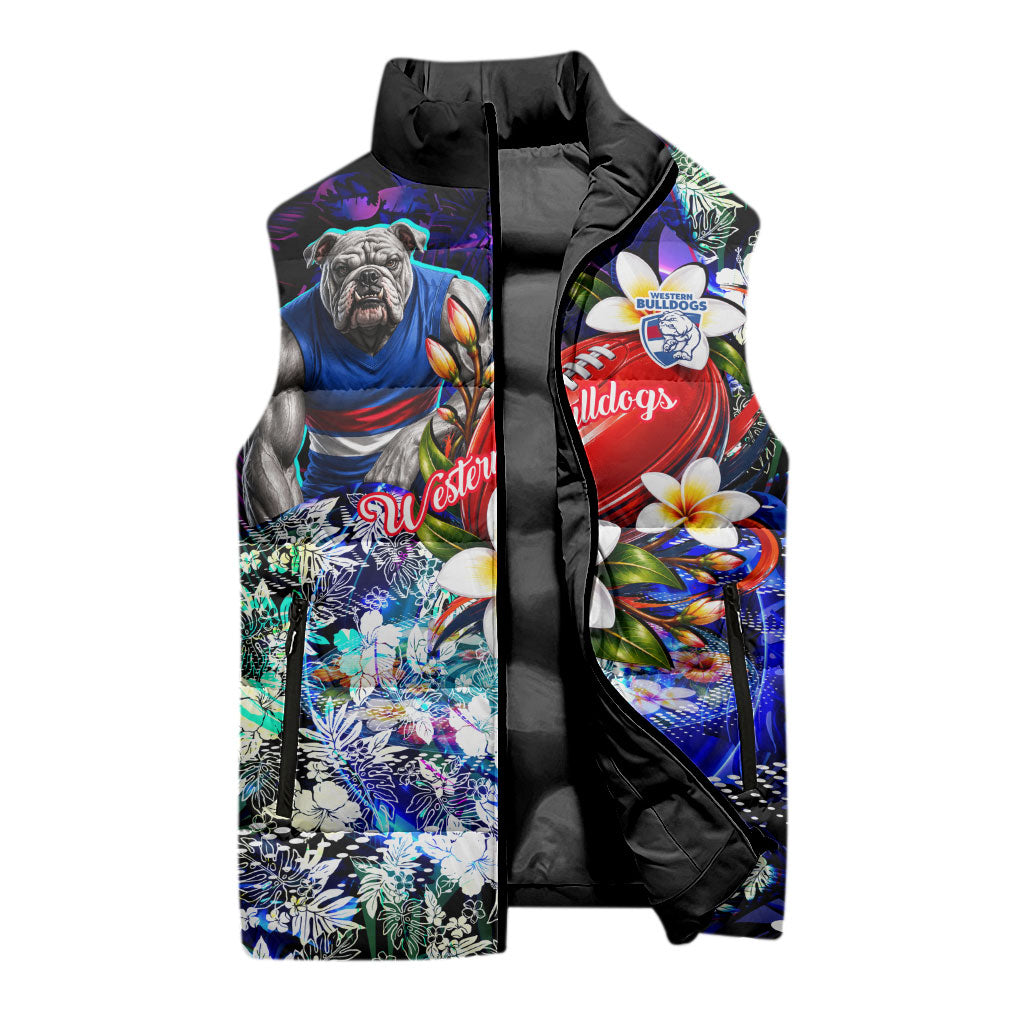 Personalized Western Bulldogs Football Sleeveless Puffer Jacket Tropical Hibiscus Flowers - Pacific Fusion Style