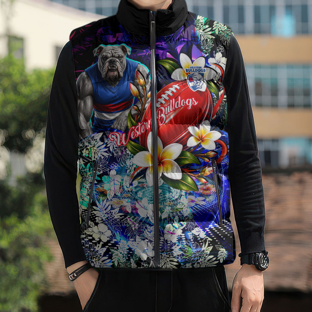 Personalized Western Bulldogs Football Sleeveless Puffer Jacket Tropical Hibiscus Flowers - Pacific Fusion Style
