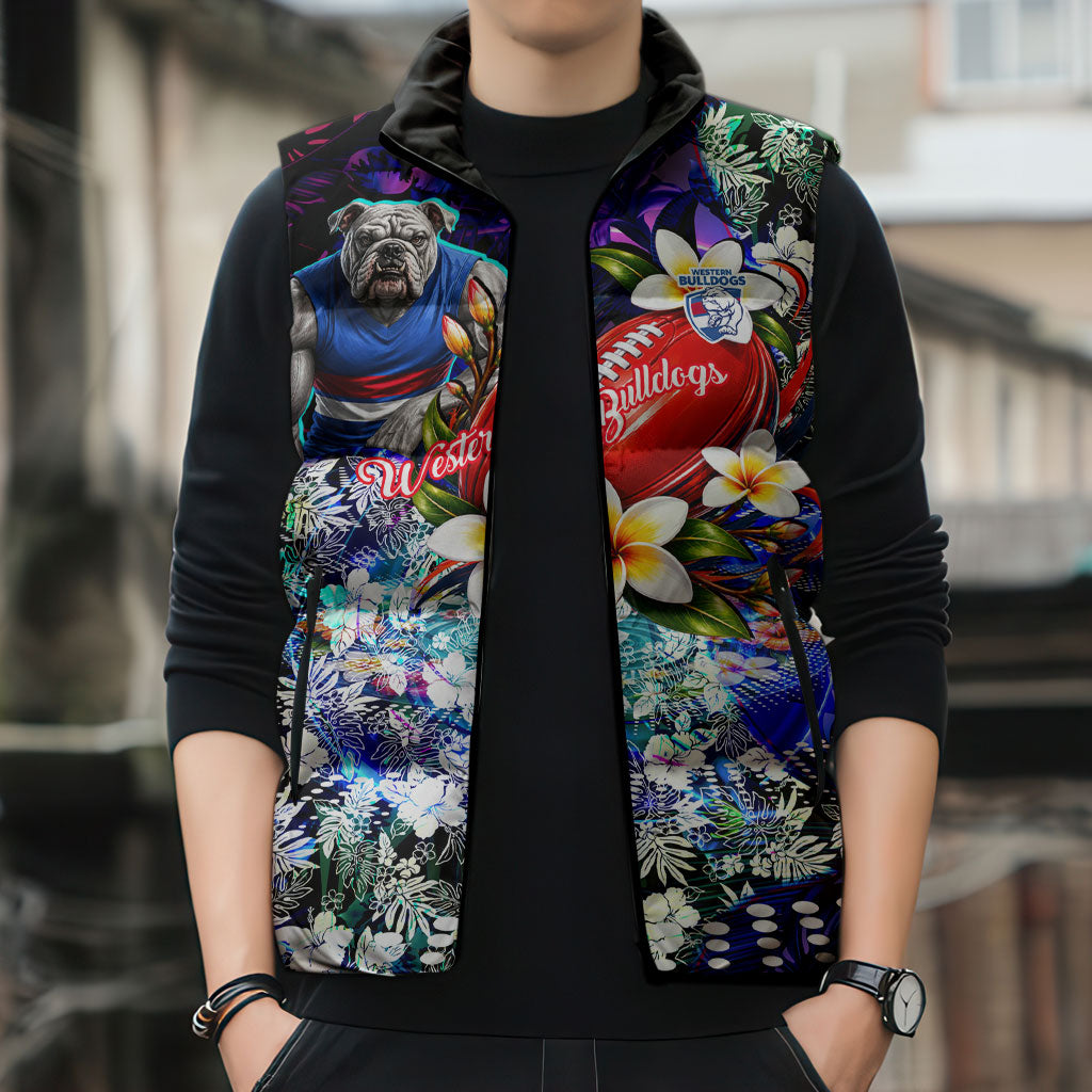 Personalized Western Bulldogs Football Sleeveless Puffer Jacket Tropical Hibiscus Flowers - Pacific Fusion Style