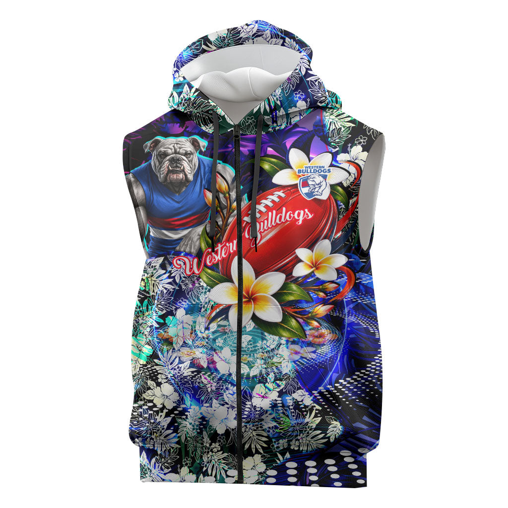 Personalized Western Bulldogs Football Sleeveless Zip Hoodie Tropical Hibiscus Flowers - Pacific Fusion Style