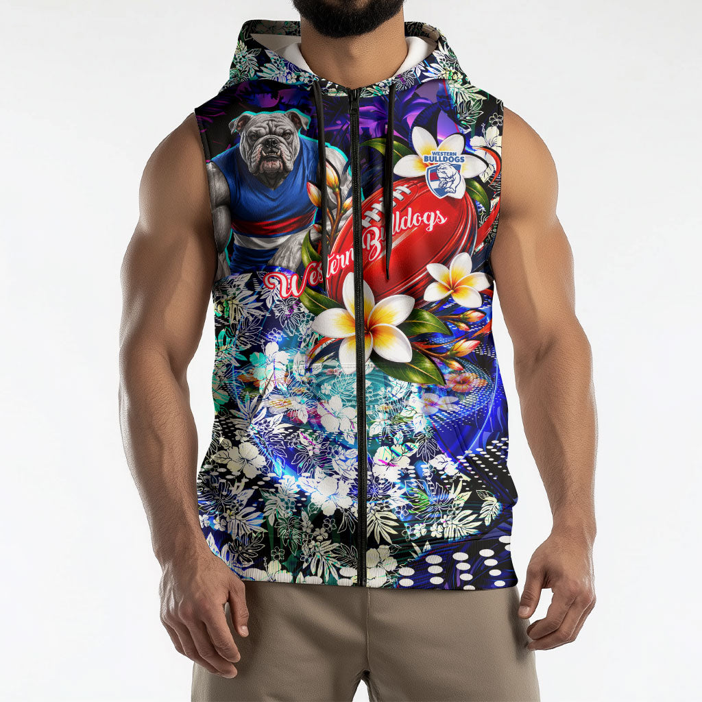 Personalized Western Bulldogs Football Sleeveless Zip Hoodie Tropical Hibiscus Flowers - Pacific Fusion Style