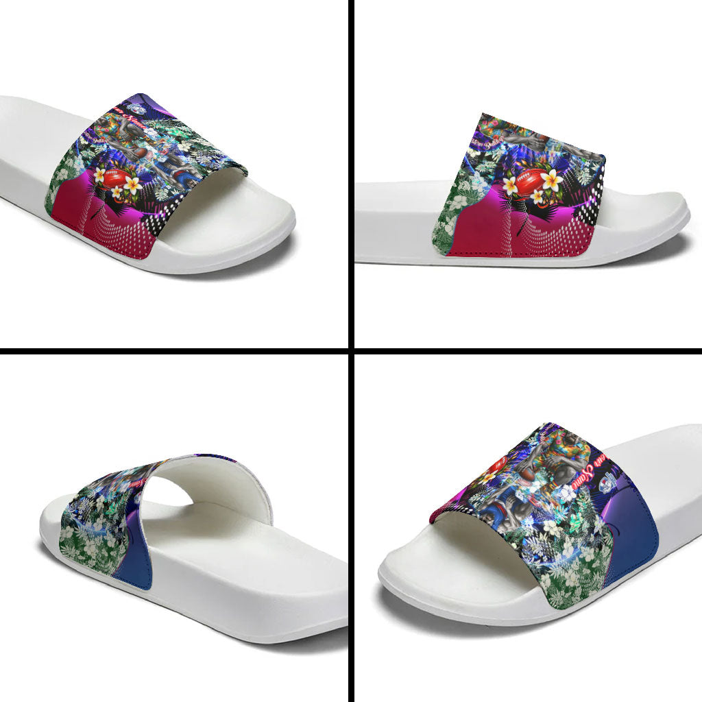Personalized Western Bulldogs Football Slide Sandals Tropical Hibiscus Flowers - Pacific Fusion Style