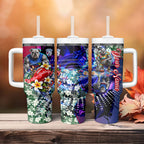 Personalized Western Bulldogs Football Tumbler With Handle Tropical Hibiscus Flowers - Pacific Fusion Style