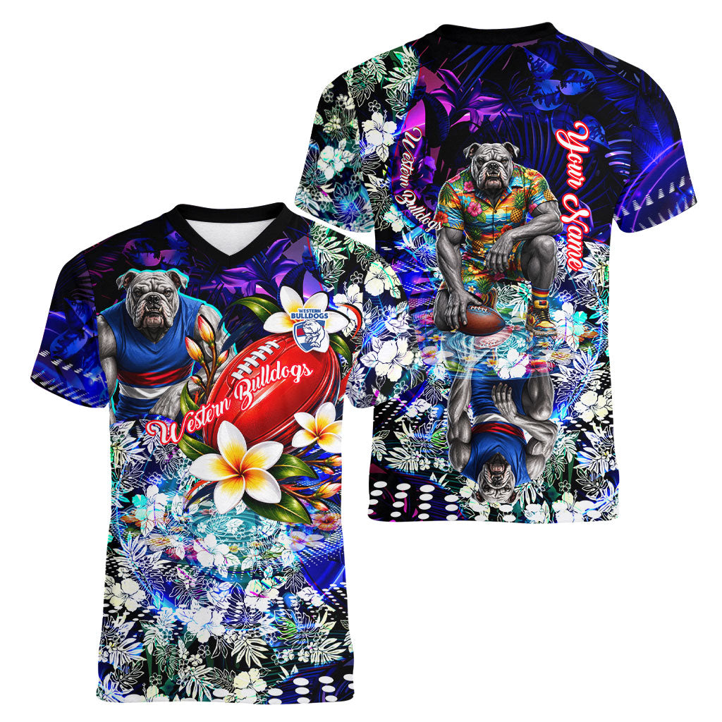 Personalized Western Bulldogs Football Women V-Neck T-Shirt Tropical Hibiscus Flowers - Pacific Fusion Style