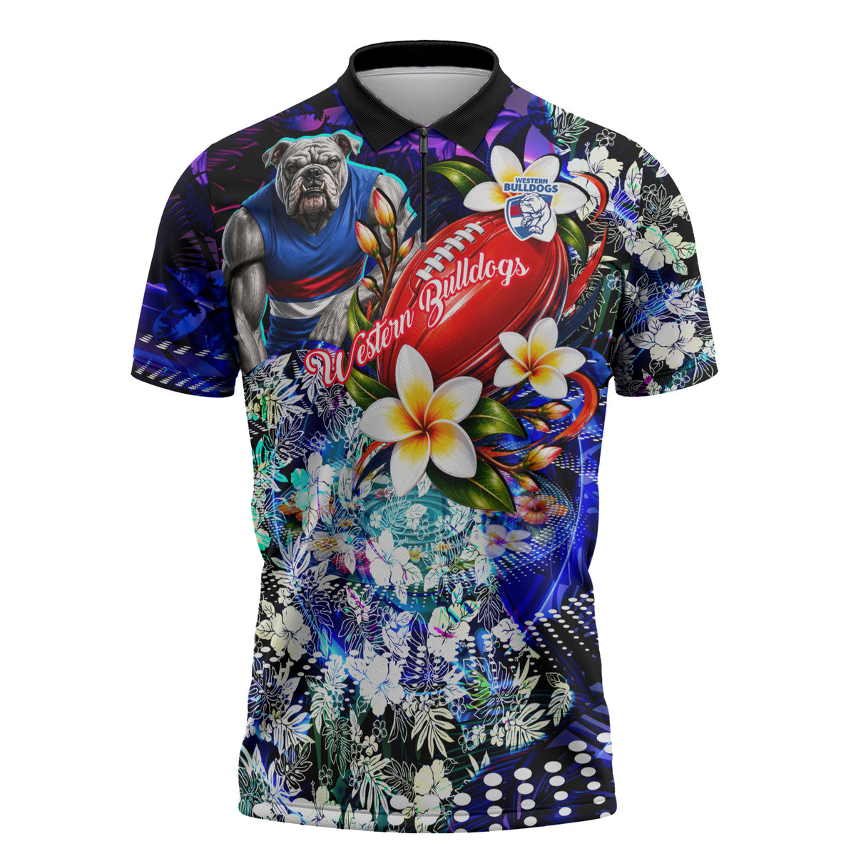 Personalized Western Bulldogs Football Zipper Polo Shirt Tropical Hibiscus Flowers - Pacific Fusion Style
