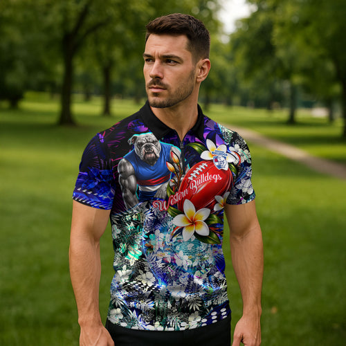 Personalized Western Bulldogs Football Zipper Polo Shirt Tropical Hibiscus Flowers - Pacific Fusion Style