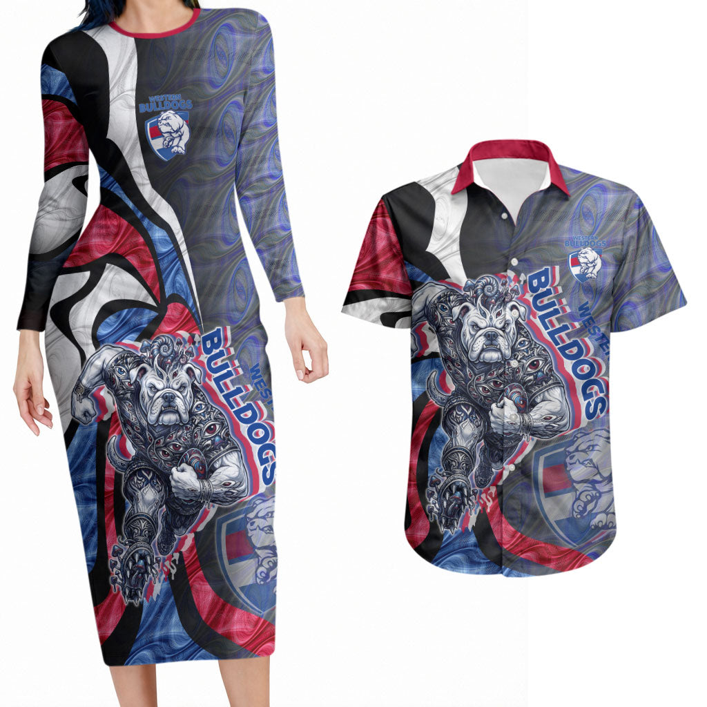 Personalised Western Bulldogs Couples Matching Long Sleeve Bodycon Dress and Hawaiian Shirt Trippy Psychedelic Abstract Art Mascot Football Fans