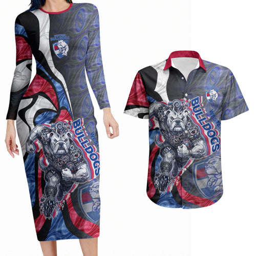 Personalised Western Bulldogs Couples Matching Long Sleeve Bodycon Dress and Hawaiian Shirt Trippy Psychedelic Abstract Art Mascot Football Fans