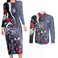 Personalised Western Bulldogs Couples Matching Long Sleeve Bodycon Dress and Long Sleeve Button Shirt Trippy Psychedelic Abstract Art Mascot Football Fans