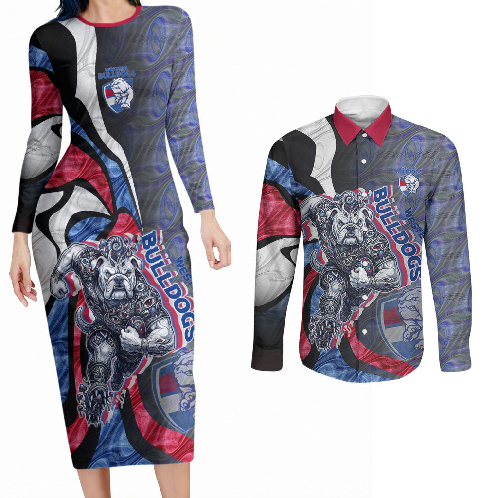 Personalised Western Bulldogs Couples Matching Long Sleeve Bodycon Dress and Long Sleeve Button Shirt Trippy Psychedelic Abstract Art Mascot Football Fans