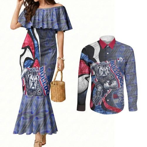 Personalised Western Bulldogs Couples Matching Mermaid Dress and Long Sleeve Button Shirt Trippy Psychedelic Abstract Art Mascot Football Fans