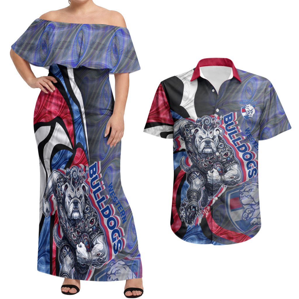 Personalised Western Bulldogs Couples Matching Off Shoulder Maxi Dress and Hawaiian Shirt Trippy Psychedelic Abstract Art Mascot Football Fans