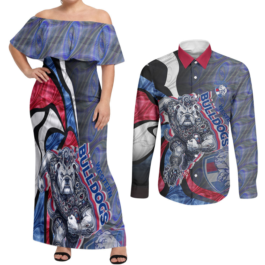 Personalised Western Bulldogs Couples Matching Off Shoulder Maxi Dress and Long Sleeve Button Shirt Trippy Psychedelic Abstract Art Mascot Football Fans