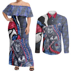 Personalised Western Bulldogs Couples Matching Off Shoulder Maxi Dress and Long Sleeve Button Shirt Trippy Psychedelic Abstract Art Mascot Football Fans
