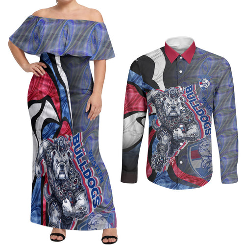 Personalised Western Bulldogs Couples Matching Off Shoulder Maxi Dress and Long Sleeve Button Shirt Trippy Psychedelic Abstract Art Mascot Football Fans