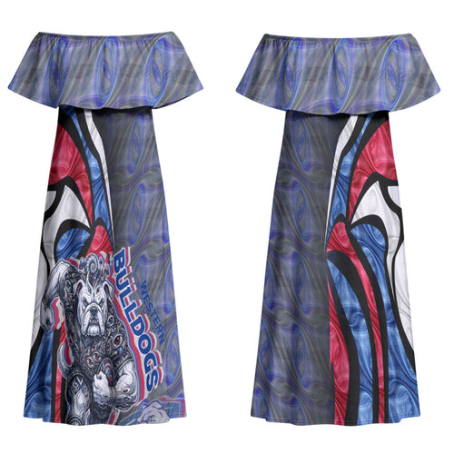 Personalised Western Bulldogs Couples Matching Off Shoulder Maxi Dress and Long Sleeve Button Shirt Trippy Psychedelic Abstract Art Mascot Football Fans