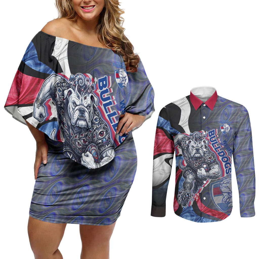 Personalised Western Bulldogs Couples Matching Off Shoulder Short Dress and Long Sleeve Button Shirt Trippy Psychedelic Abstract Art Mascot Football Fans