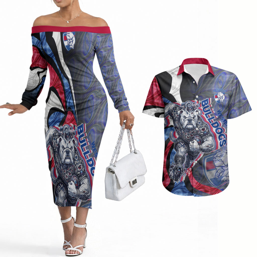 Personalised Western Bulldogs Couples Matching Off The Shoulder Long Sleeve Dress and Hawaiian Shirt Trippy Psychedelic Abstract Art Mascot Football Fans